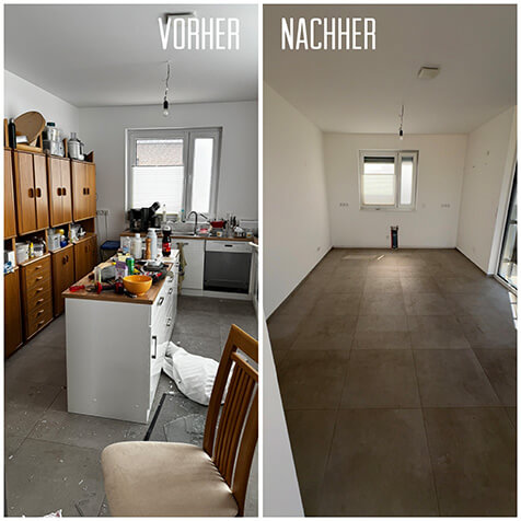 Entrümpelung Küche, links vorher eine Küche auf der alles vollgestellt ist, rechts besenreine Küchenansicht