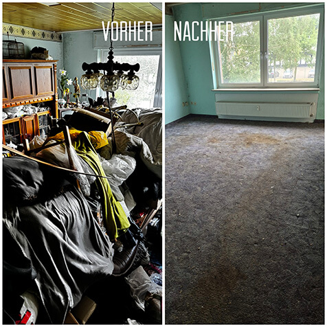 Entrümpelung Wohnzimmer, links extrem vollgerümpeltes Wohnzimmer, rechts besenreines Wohnzimmer