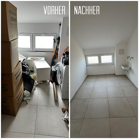 Haushaltsauflösung Vorher-Nachher: links vollgestellte Küche, rechts besenreine Übergabe durch HNE Service