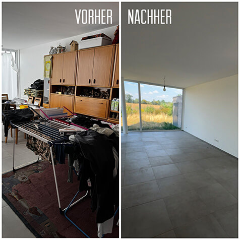 Wohnungsauflösung Vorher-Nachher: links zugestelltes Wohnzimmer mit Wohnwand und Wäscheständer, Teppich, Tisch und Stühlen, rechts leer geräumt und besenrein