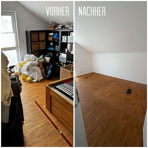 haushaltsauflösung Vorher-Nachher: links Wohnwand, Bett und vollgestellter Boden, rechts vollständig geräumtes und besenreines Zimmer