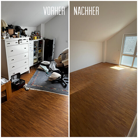 Haushaltsauflösung Vorher Nachher: Ein Kinderzimmer mit Kommode, Spielzeug, Teppich und vielem was auf dem Boden herumliegt, nachher gereinigt, leer und besenrein